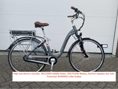 Bicicleta eléctrica urbana de gama alta, motor central de 36 V/250 W, batería de 36 V/10,4 Ah, buje trasero continuo NuVinci, frenos de rodillo SHIMANO delantero/trasero