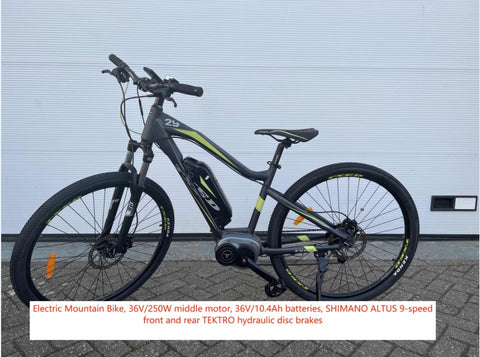 Bicicleta de montaña eléctrica, motor central de 36V/250W, baterías de 36V/10,4Ah, frenos de disco hidráulicos SHIMANO ALTUS de 9 velocidades delantero y trasero TEKTRO