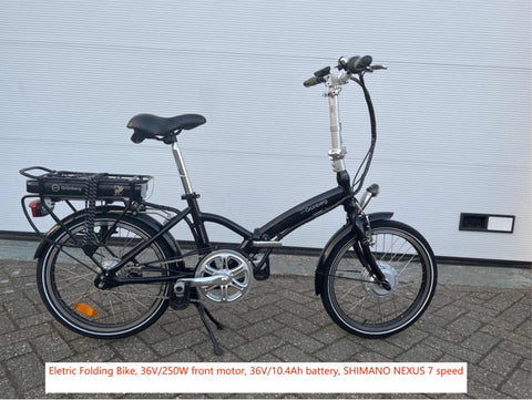 Bicicleta eléctrica plegable, motor delantero 36V/250W, batería 36V/10.4Ah, SHIMANO NEXUS 7 velocidades